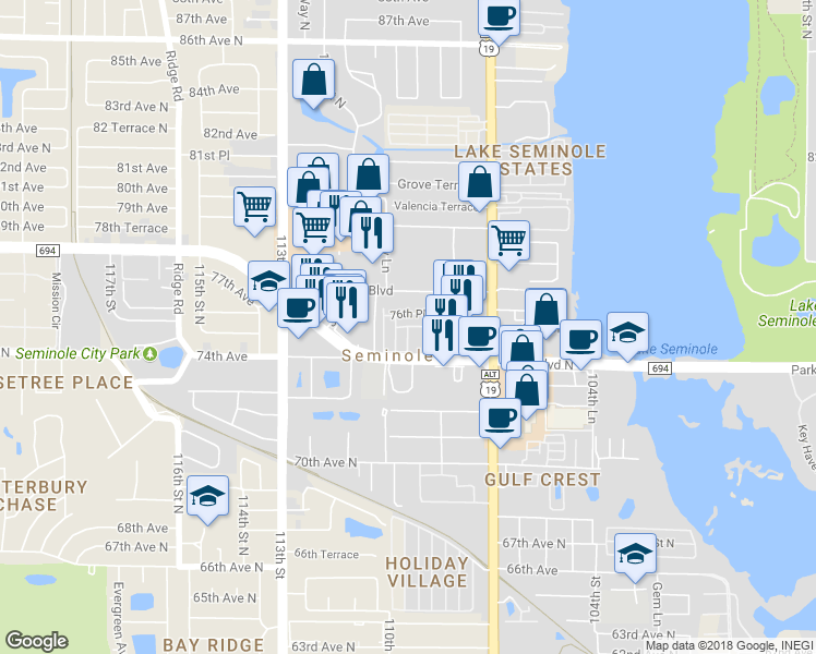 map of restaurants, bars, coffee shops, grocery stores, and more near 7498 109th Lane in Seminole