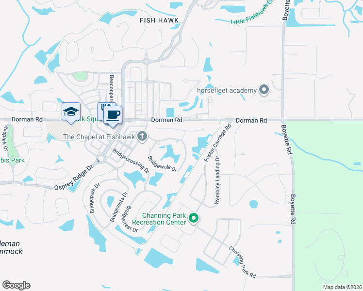 map of restaurants, bars, coffee shops, grocery stores, and more near 16334 Bridgewalk Drive in Lithia