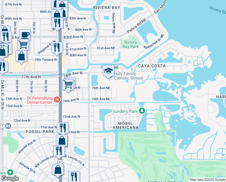 map of restaurants, bars, coffee shops, grocery stores, and more near 7490 Locust Street Northeast in St. Petersburg