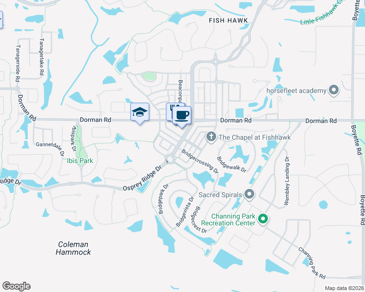 map of restaurants, bars, coffee shops, grocery stores, and more near 6112 Fishhawk Crossing Boulevard in Lithia