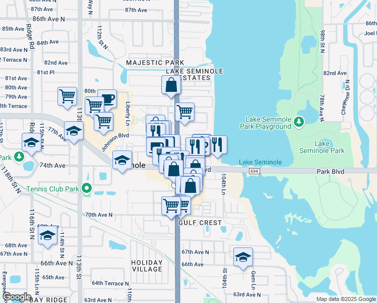 map of restaurants, bars, coffee shops, grocery stores, and more near 7601 Seminole Boulevard in Seminole