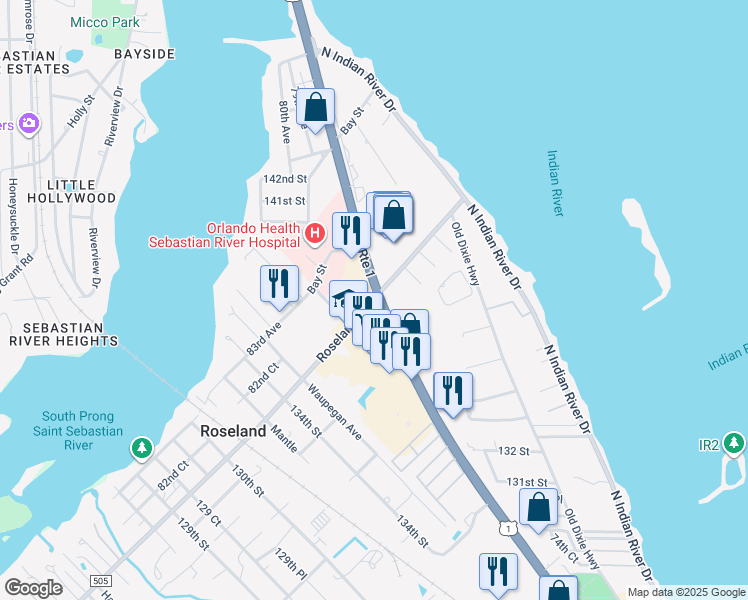 map of restaurants, bars, coffee shops, grocery stores, and more near 13598 Roseland Road in Sebastian