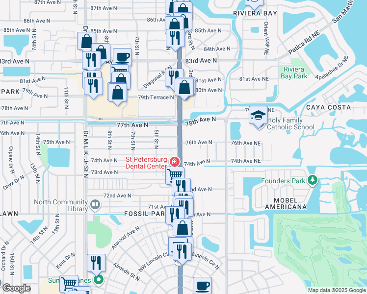 map of restaurants, bars, coffee shops, grocery stores, and more near 7595 4th Street North in Saint Petersburg