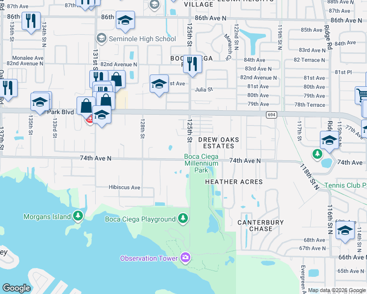 map of restaurants, bars, coffee shops, grocery stores, and more near 7580 125th Street in Seminole