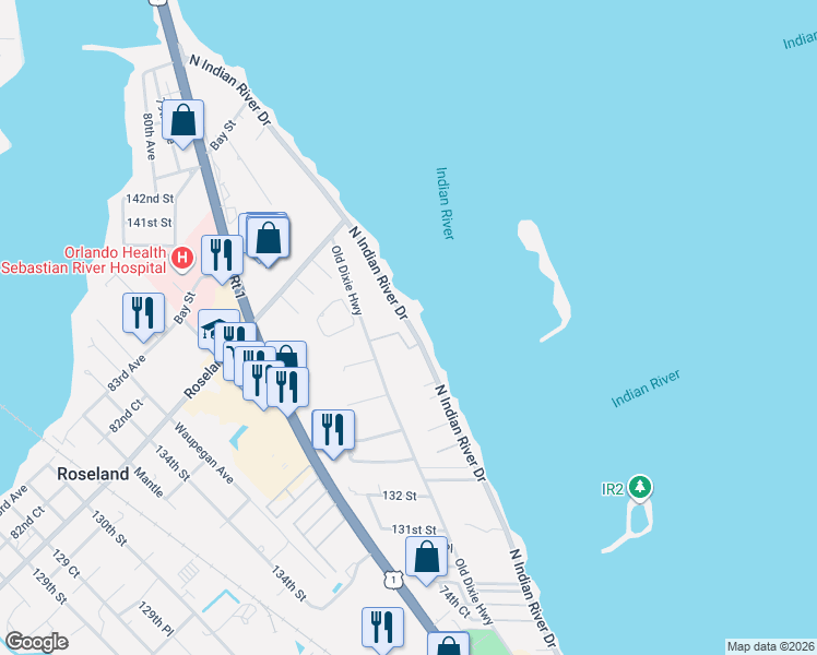 map of restaurants, bars, coffee shops, grocery stores, and more near 13620 North Indian River Drive in Sebastian