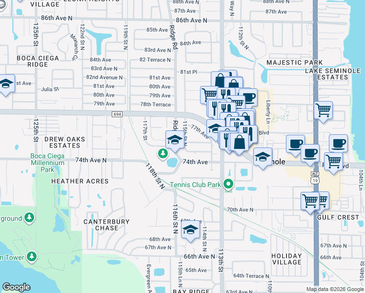 map of restaurants, bars, coffee shops, grocery stores, and more near 7532 115th Street North in Seminole