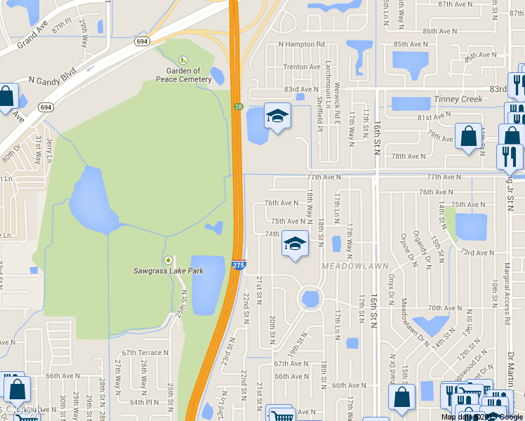 map of restaurants, bars, coffee shops, grocery stores, and more near 7566 20th Street North in St. Petersburg