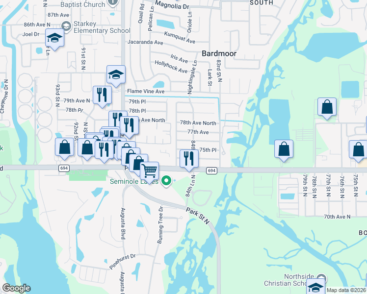 map of restaurants, bars, coffee shops, grocery stores, and more near 8541 75th Place in Seminole