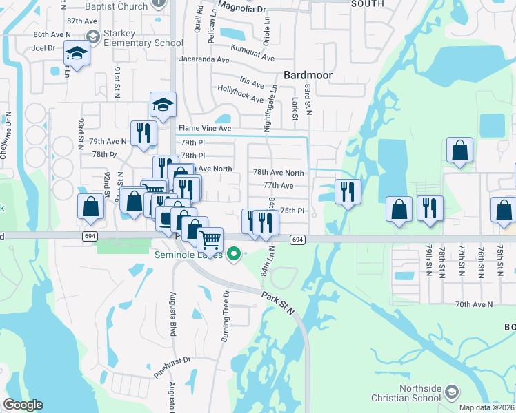 map of restaurants, bars, coffee shops, grocery stores, and more near 8541 75th Place in Seminole