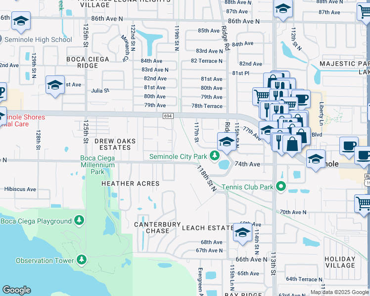 map of restaurants, bars, coffee shops, grocery stores, and more near 11877 74th Avenue in Seminole