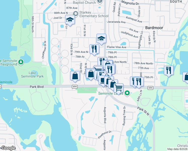 map of restaurants, bars, coffee shops, grocery stores, and more near 7620 Starkey Road in Seminole