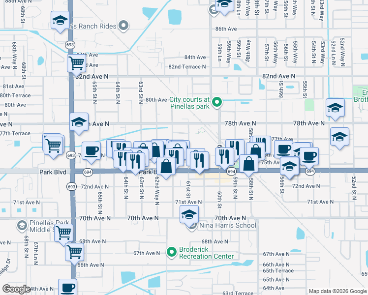 map of restaurants, bars, coffee shops, grocery stores, and more near 7634 61st Street North in Pinellas Park
