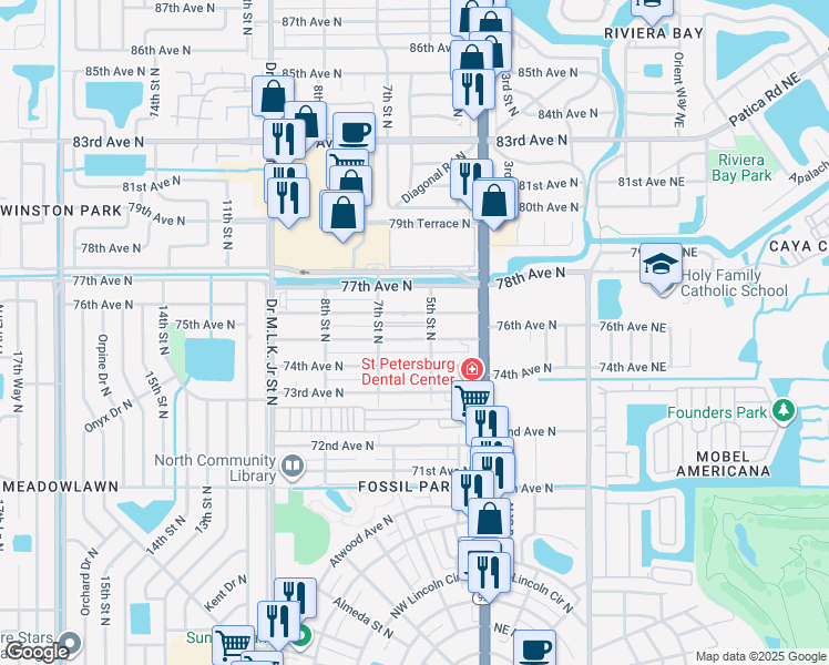 map of restaurants, bars, coffee shops, grocery stores, and more near 531 75th Avenue North in St. Petersburg