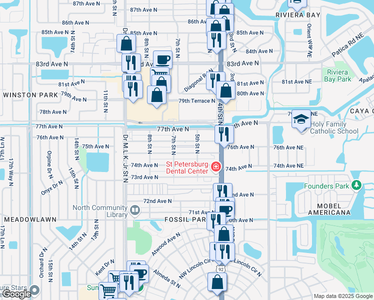 map of restaurants, bars, coffee shops, grocery stores, and more near 600 76th Avenue North in St. Petersburg