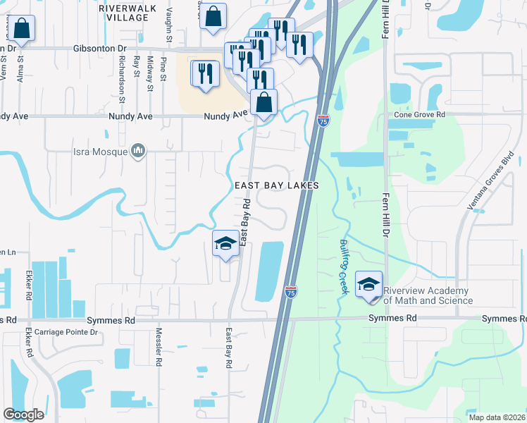 map of restaurants, bars, coffee shops, grocery stores, and more near 9622 Cypress Harbor Drive in Gibsonton