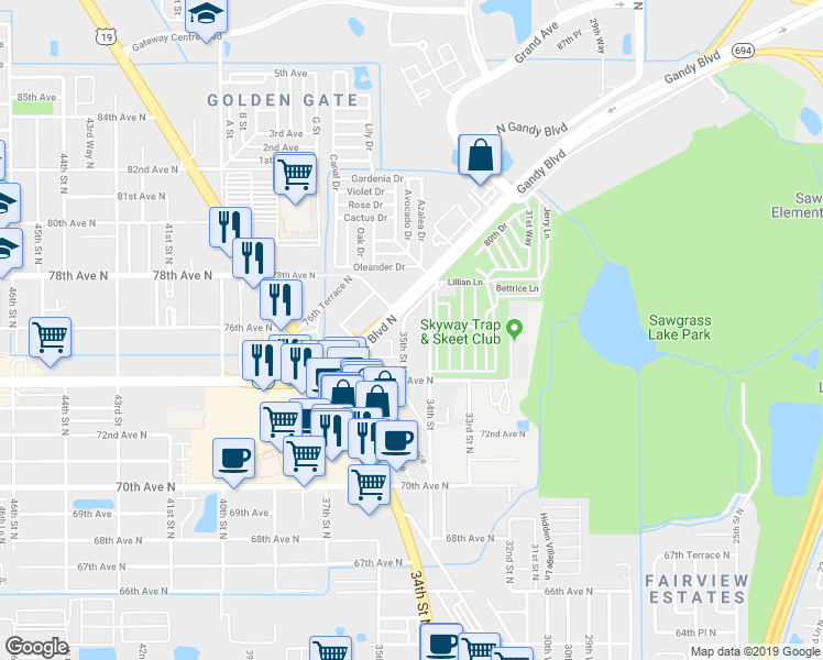 map of restaurants, bars, coffee shops, grocery stores, and more near 7644 34th Street in Pinellas Park