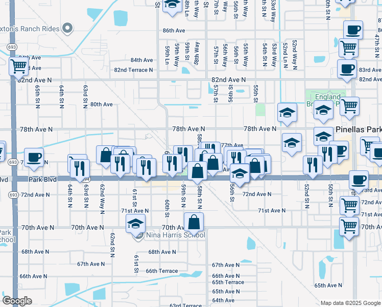 map of restaurants, bars, coffee shops, grocery stores, and more near 7690 58th Street North in Pinellas Park