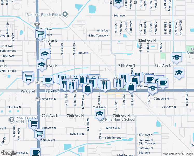 map of restaurants, bars, coffee shops, grocery stores, and more near 7700 61st Street in Pinellas Park