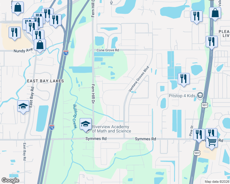 map of restaurants, bars, coffee shops, grocery stores, and more near 11105 Sage Canyon Drive in Riverview