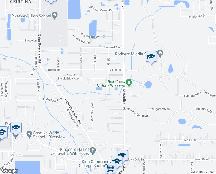 map of restaurants, bars, coffee shops, grocery stores, and more near 11006 Charmwood Drive in Riverview