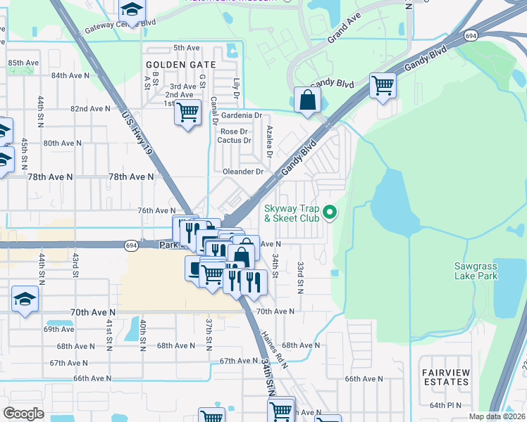 map of restaurants, bars, coffee shops, grocery stores, and more near 7644 34th Street in Pinellas Park