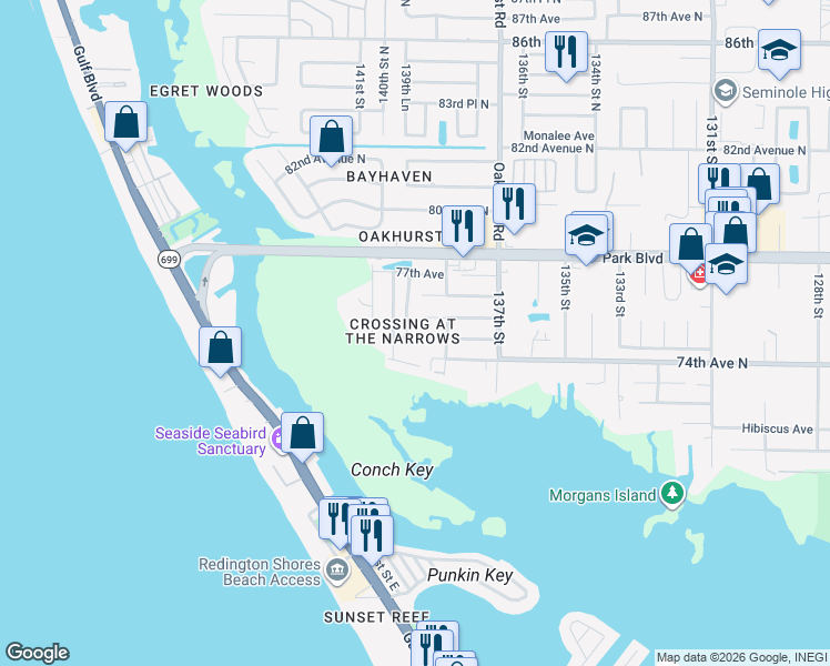 map of restaurants, bars, coffee shops, grocery stores, and more near 7555 Harborview Way in Seminole