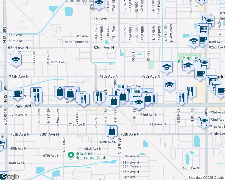 map of restaurants, bars, coffee shops, grocery stores, and more near 7650 58th Street North in Pinellas Park
