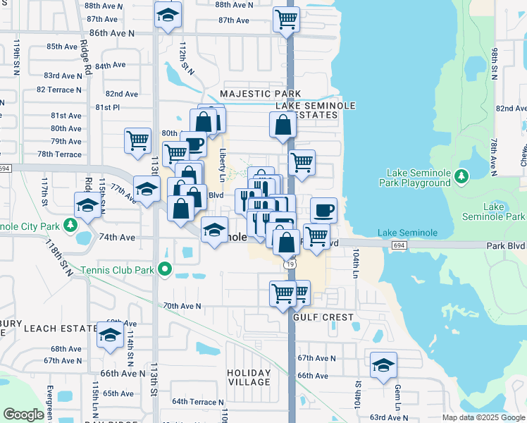 map of restaurants, bars, coffee shops, grocery stores, and more near 10801 76th Place in Seminole
