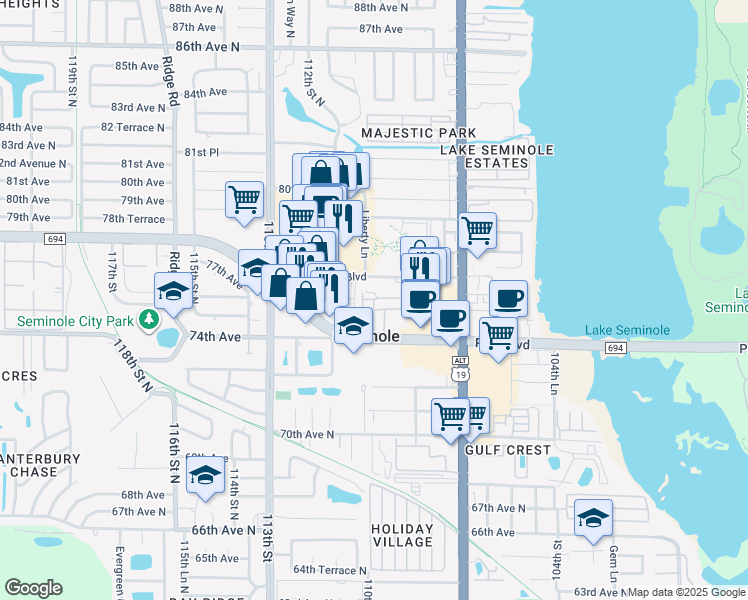map of restaurants, bars, coffee shops, grocery stores, and more near 10437 109th Way in Seminole