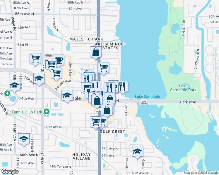 map of restaurants, bars, coffee shops, grocery stores, and more near 10500 Village Drive in Seminole