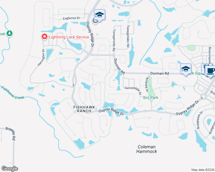 map of restaurants, bars, coffee shops, grocery stores, and more near 6052 Sandhill Ridge Drive in Lithia