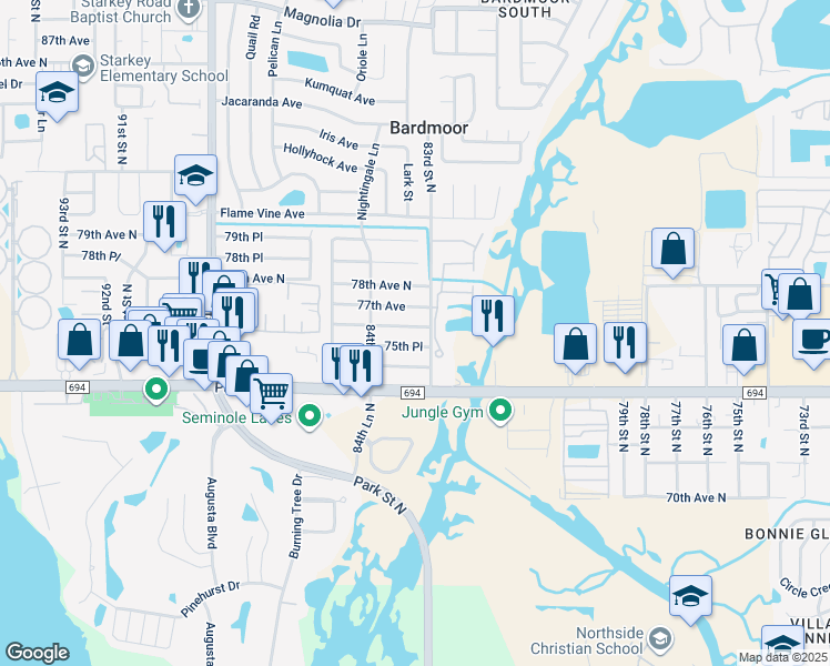 map of restaurants, bars, coffee shops, grocery stores, and more near 8318 76th Avenue in Seminole