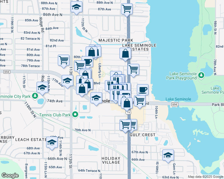 map of restaurants, bars, coffee shops, grocery stores, and more near 10801 76th Place in Seminole