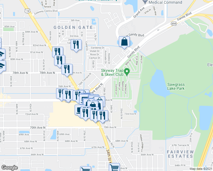 map of restaurants, bars, coffee shops, grocery stores, and more near 7644 34th Street in Pinellas Park
