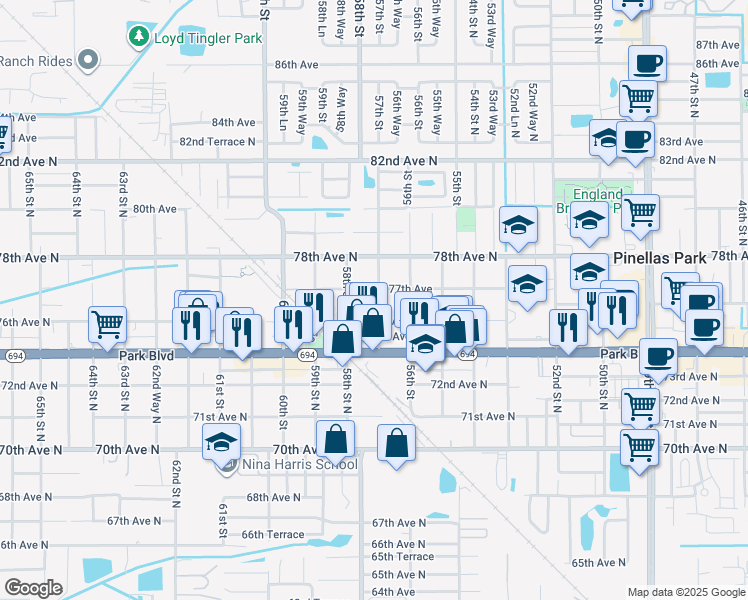 map of restaurants, bars, coffee shops, grocery stores, and more near 5680 77th Avenue in Pinellas Park