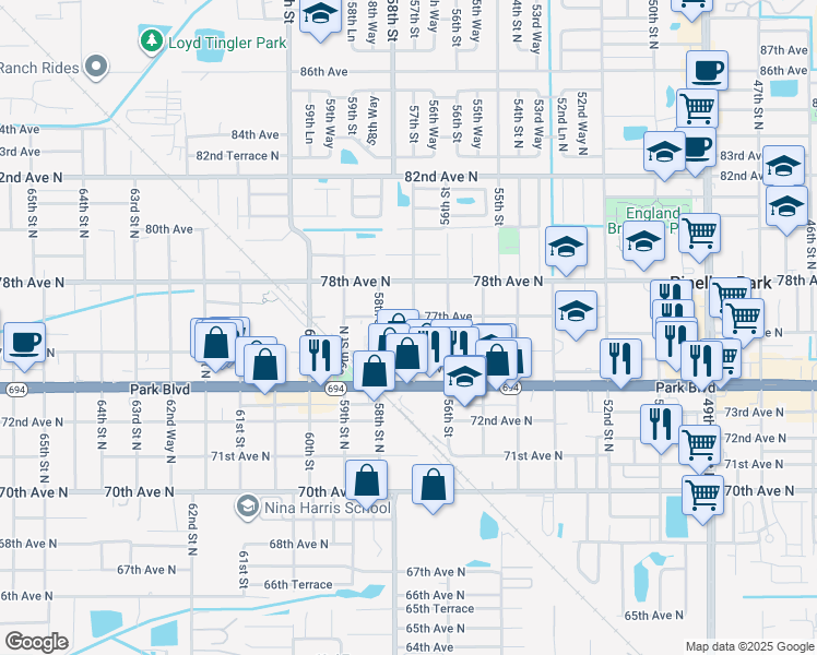 map of restaurants, bars, coffee shops, grocery stores, and more near 5680 77th Avenue in Pinellas Park