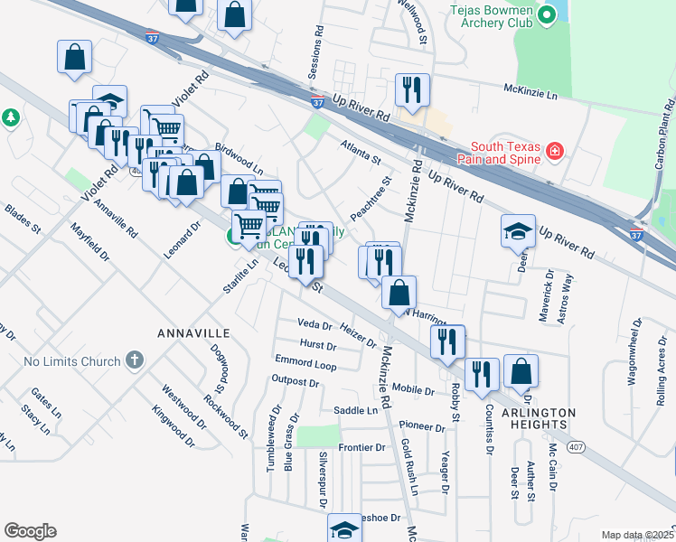 map of restaurants, bars, coffee shops, grocery stores, and more near 3026 Peachtree Street in Corpus Christi