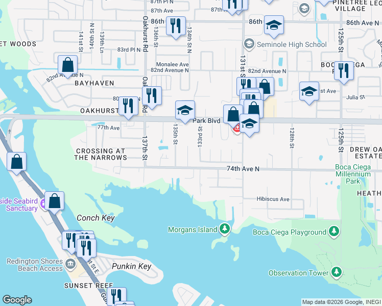 map of restaurants, bars, coffee shops, grocery stores, and more near 7515 Pine Valley Lane in Seminole