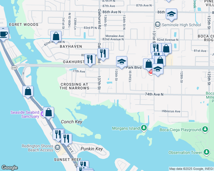 map of restaurants, bars, coffee shops, grocery stores, and more near 13601 74th Avenue North in Seminole