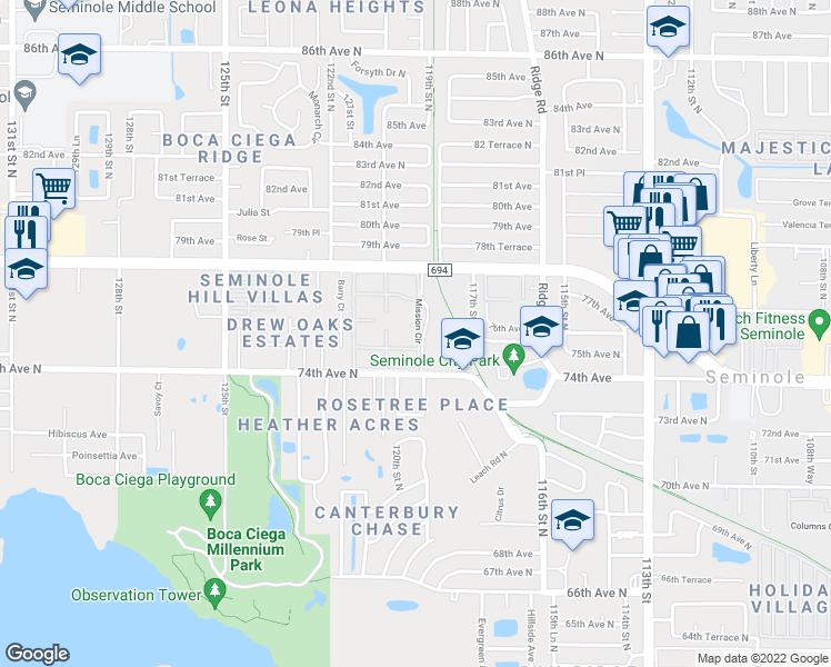 map of restaurants, bars, coffee shops, grocery stores, and more near 32 Mission Circle in Seminole