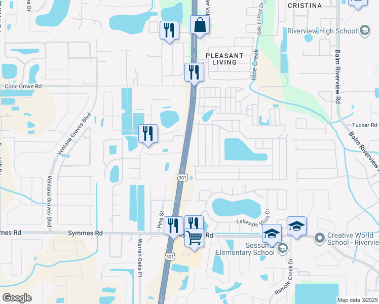 map of restaurants, bars, coffee shops, grocery stores, and more near 11016 U.S. 301 in Riverview
