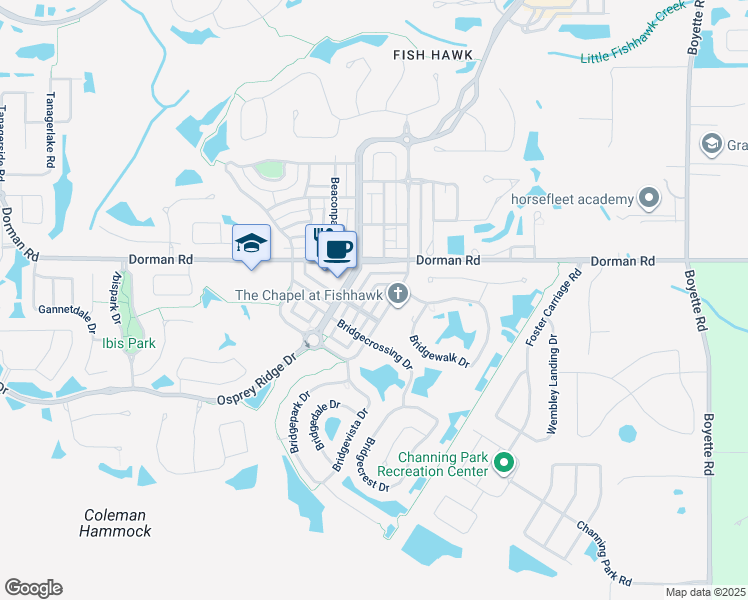 map of restaurants, bars, coffee shops, grocery stores, and more near 16211 Bridgewalk Drive in Lithia