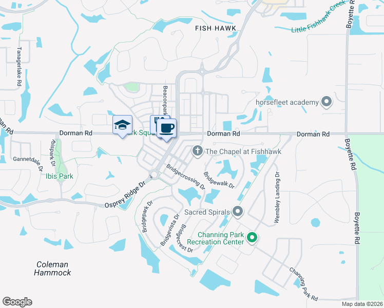 map of restaurants, bars, coffee shops, grocery stores, and more near 6021 Churchside Drive in Lithia