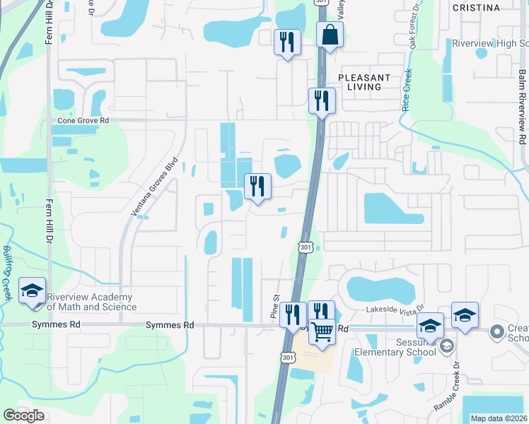 map of restaurants, bars, coffee shops, grocery stores, and more near 10612 Dawns Light Drive in Riverview