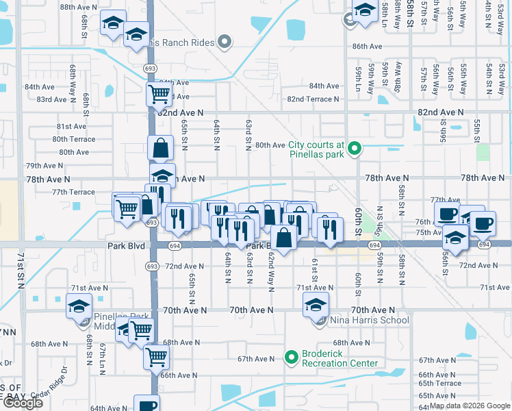 map of restaurants, bars, coffee shops, grocery stores, and more near 7689 63rd Street in Pinellas Park