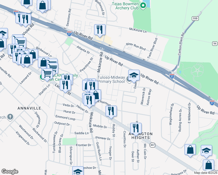 map of restaurants, bars, coffee shops, grocery stores, and more near 3205 Creek Side Drive in Corpus Christi