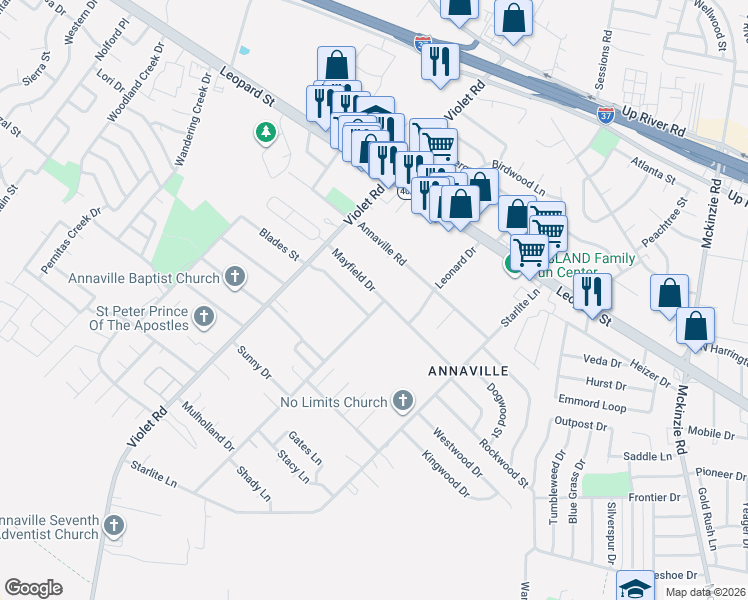 map of restaurants, bars, coffee shops, grocery stores, and more near 11009 Mayfield Drive in Corpus Christi