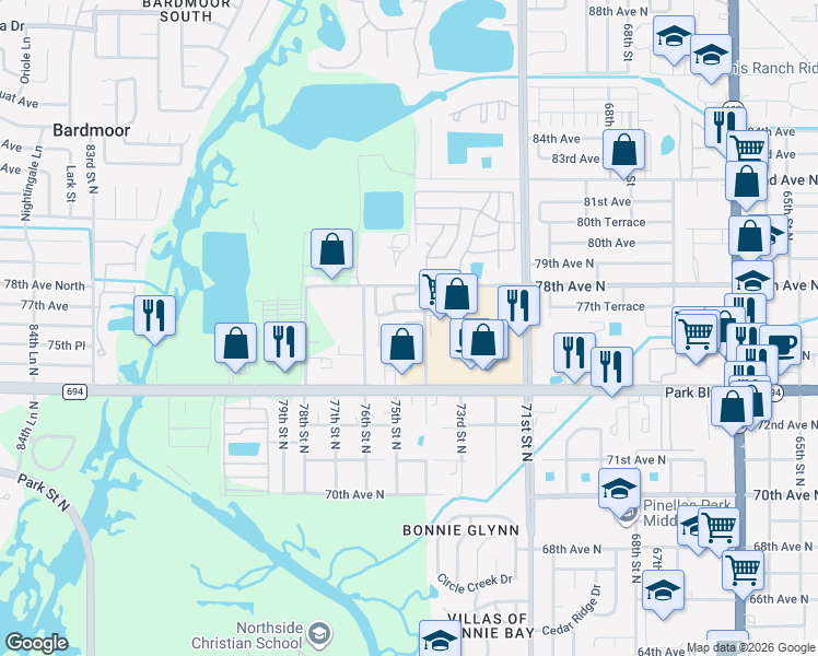 map of restaurants, bars, coffee shops, grocery stores, and more near 7450 77th Avenue North in Pinellas Park