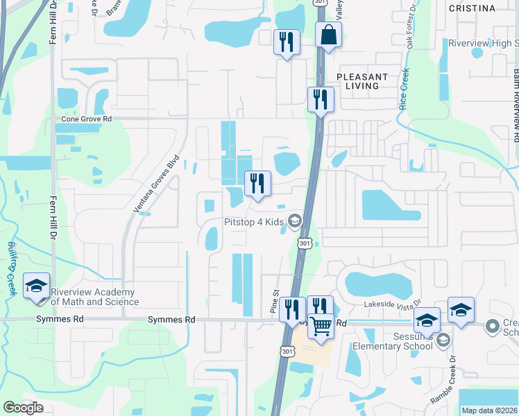 map of restaurants, bars, coffee shops, grocery stores, and more near 10608 Dawns Light Drive in Riverview