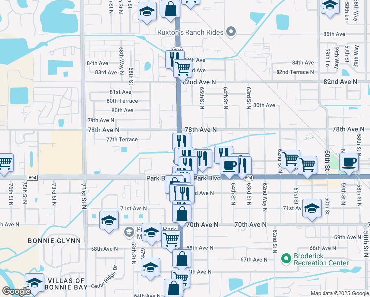 map of restaurants, bars, coffee shops, grocery stores, and more near 7685 66th Street North in Pinellas Park